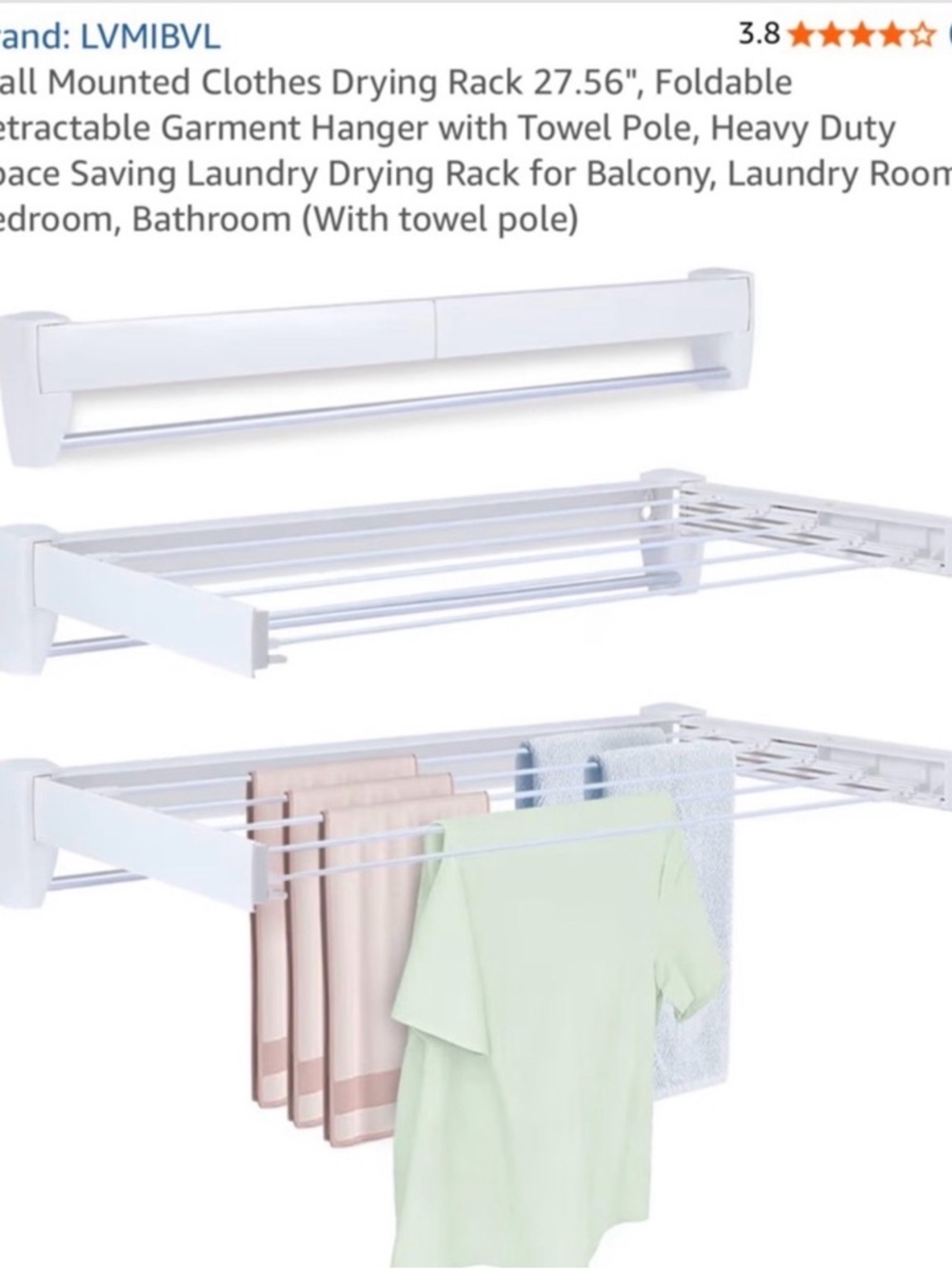 White Wall-Mounted Foldable Clothes Drying Rack with Towel Pole